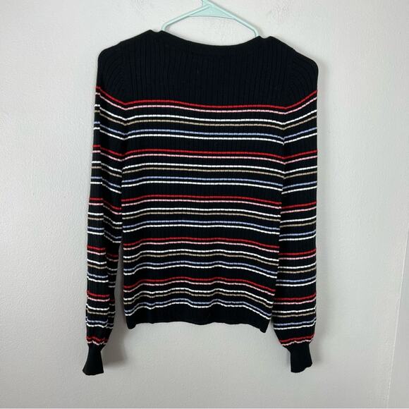 Ann Taylor Knit Striped Sweater Black Bishop Sleeve - Picture 6 of 7